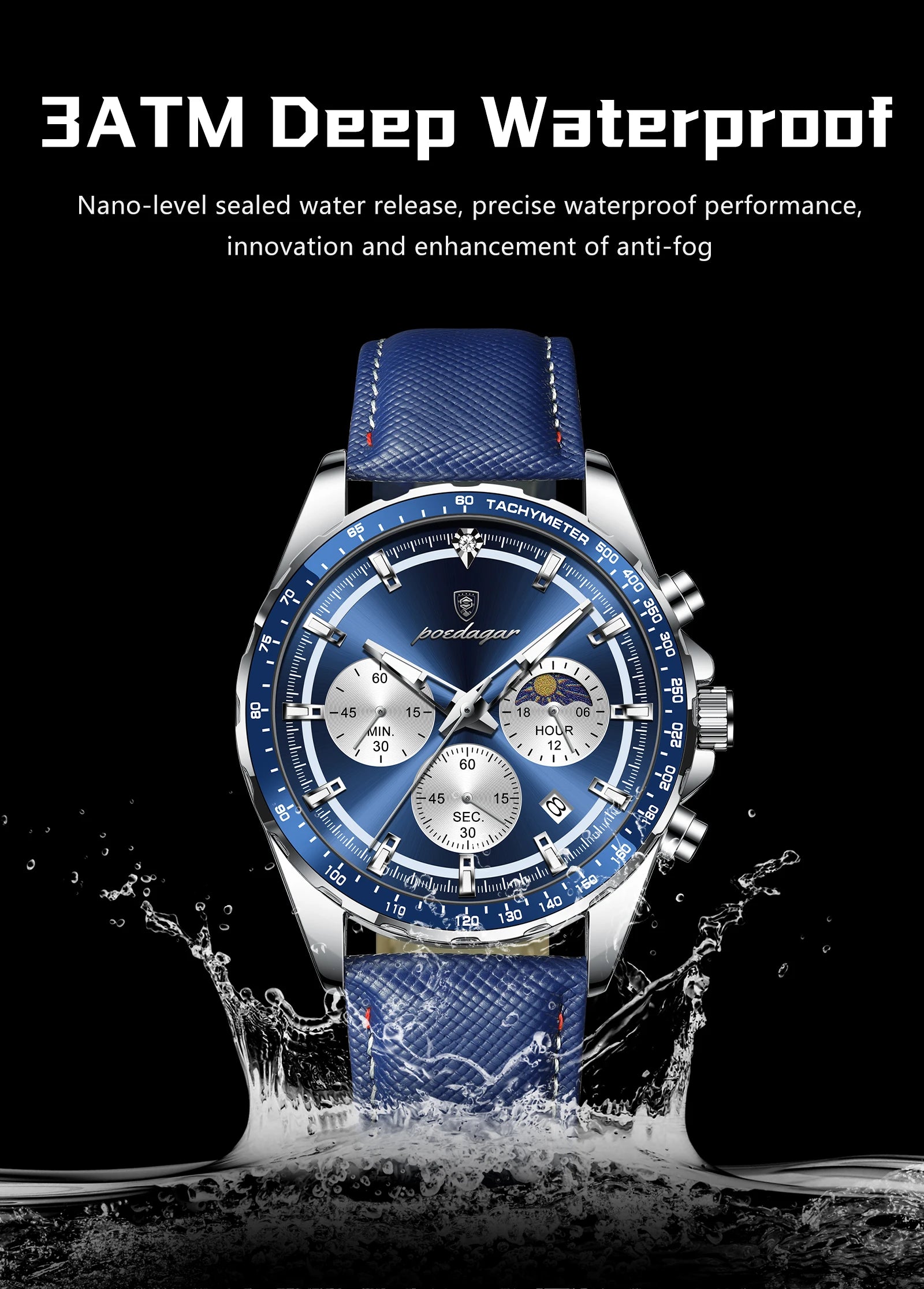Luminous Waterproof Chronograph.Men's Leather Wristwatch