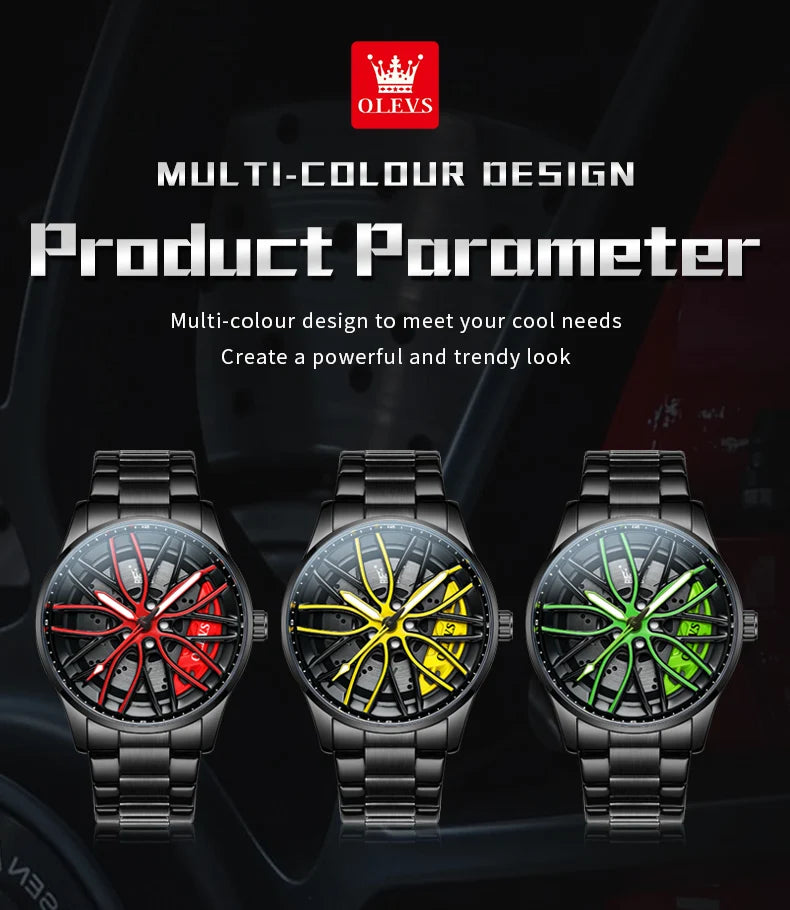 Quartz Watch for Men 360° Rotary Dial Sport Car Rim Wheel Hub Waterproof