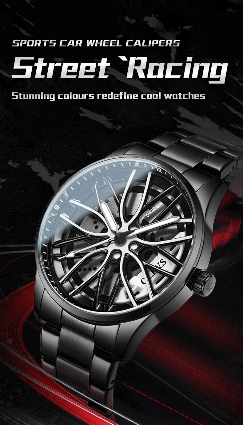 Quartz Watch for Men 360° Rotary Dial Sport Car Rim Wheel Hub Waterproof