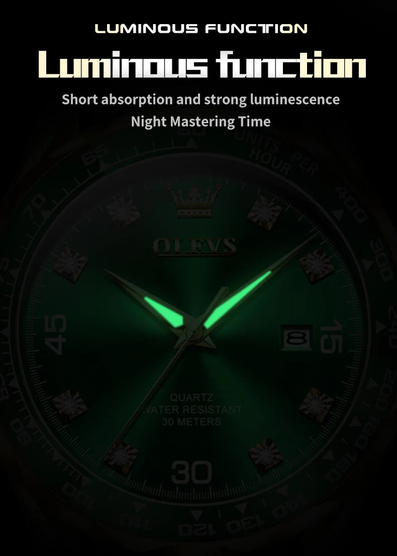 Golden Green Quartz Watch for Men.Waterproof Stainless steel  Watch