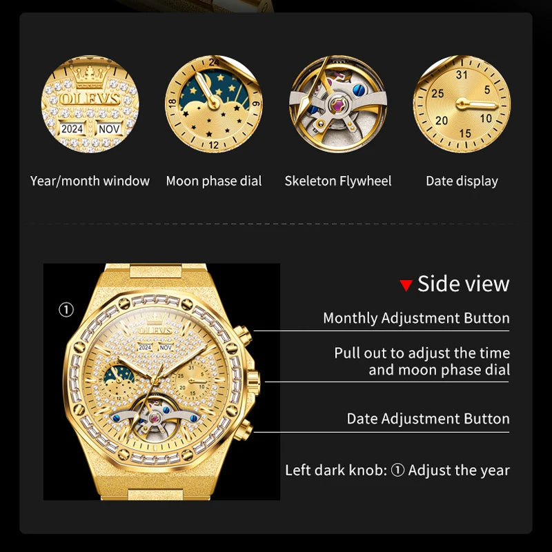 Gold Steel Men's Watch Top Brand Automatic Mechanical Luxury Waterproof