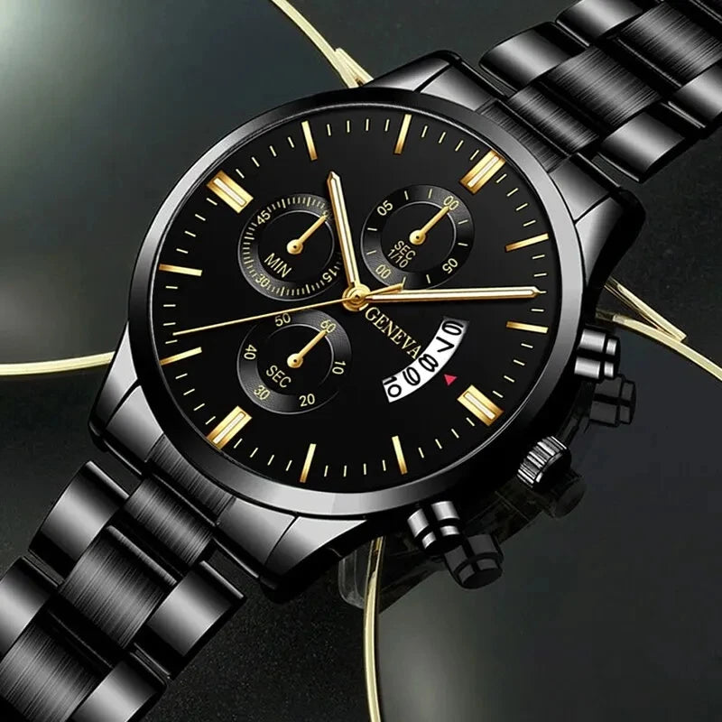 DREAMING Q&P Orologio Da Uomo Cronografo Al Quarzo – Luxury Fashion Con Cinturino In Acciaio Inox Placcato Oro, Quadrante Nero, Impermeabile 3 ATM, Regalo Elegante