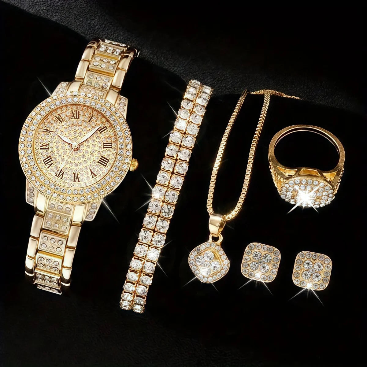 Full Diamond Roman Literal Steel Strip Women's Watch with Starry Charm Business Quartz Watch Set