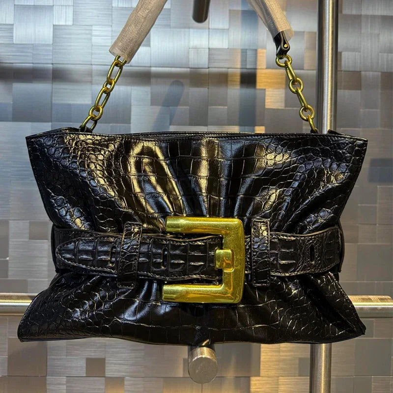 Luxury Women's Bag Soft Leather.Crocodile Pattern Pleated Tote Bag