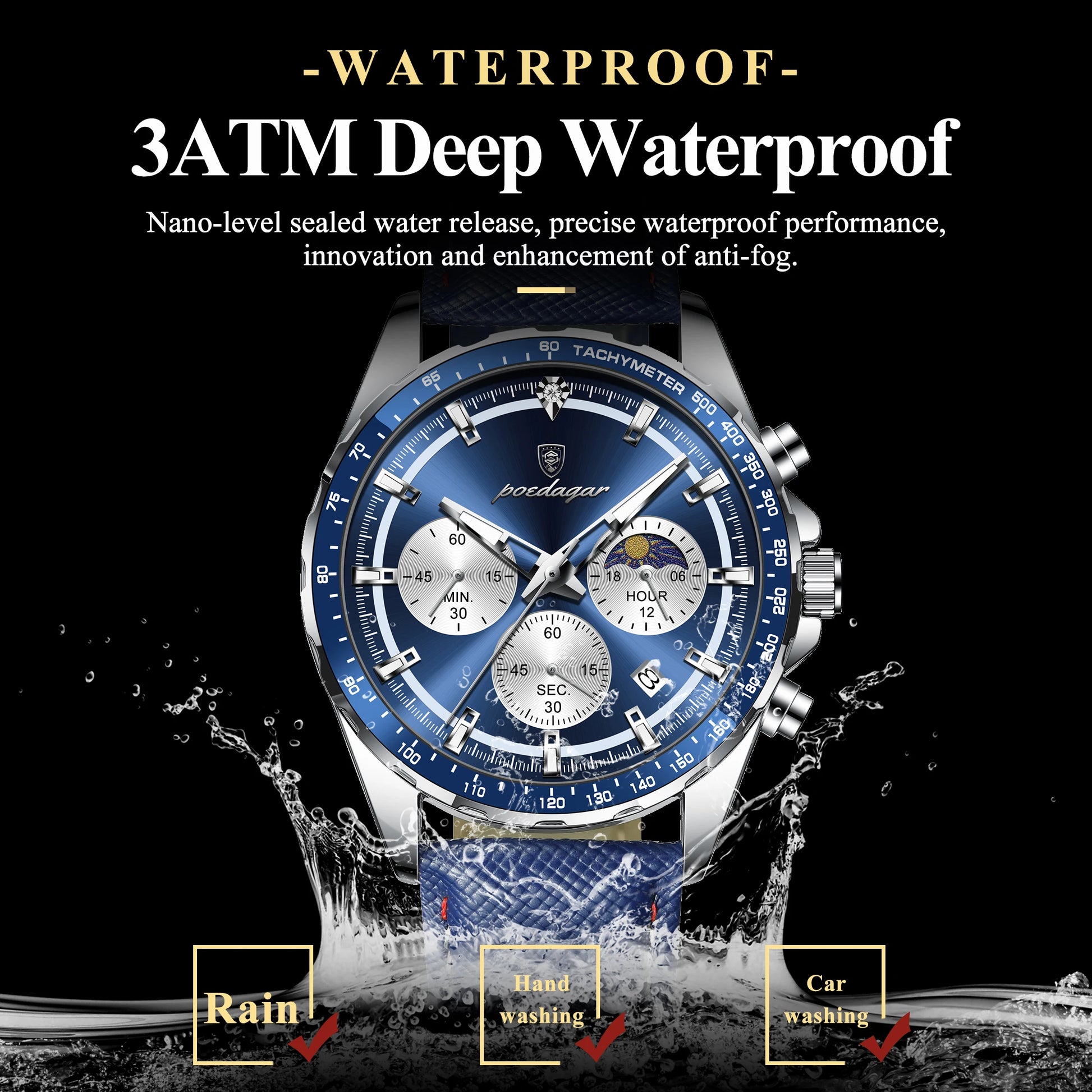 Luminous Waterproof Chronograph.Men's Leather Wristwatch