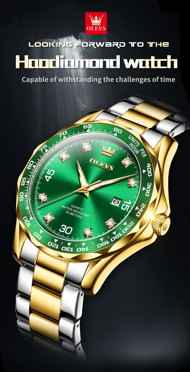 Golden Green Quartz Watch for Men.Waterproof Stainless steel  Watch