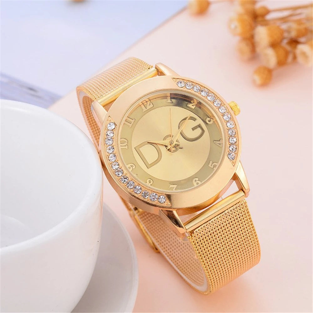 Women's watches With Diamonds. Simple Digital Design with Gold Mesh Strap