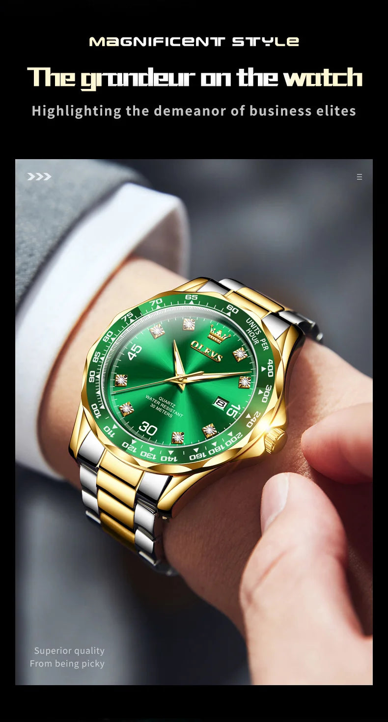 Golden Green Quartz Watch for Men.Waterproof Stainless steel  Watch