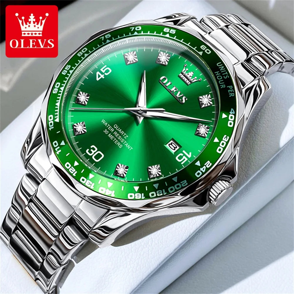 Golden Green Quartz Watch for Men.Waterproof Stainless steel  Watch