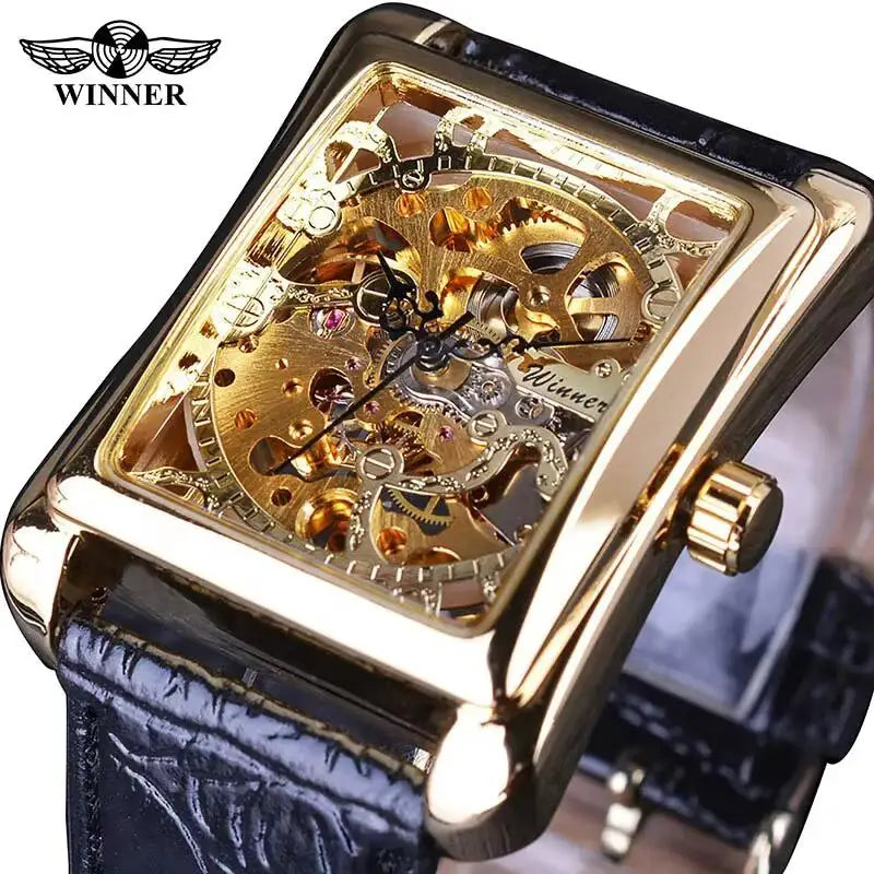 Retro Casual Rectangle Dial Design Golden Pattern Hollow Skeleton