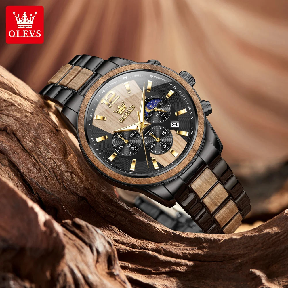 Men's Wooden Watch Luxury Night Light Chronograph