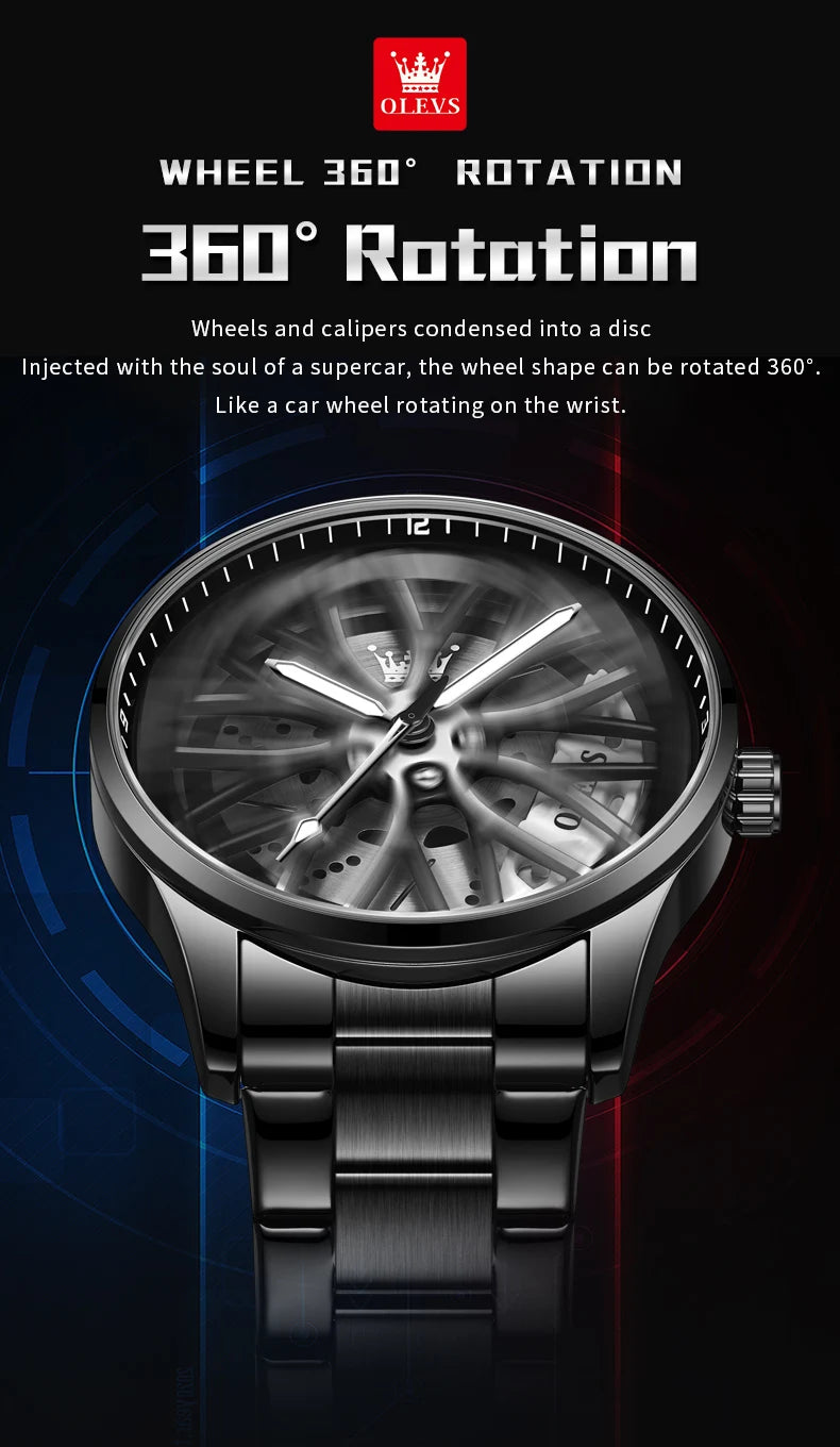 Quartz Watch for Men 360° Rotary Dial Sport Car Rim Wheel Hub Waterproof