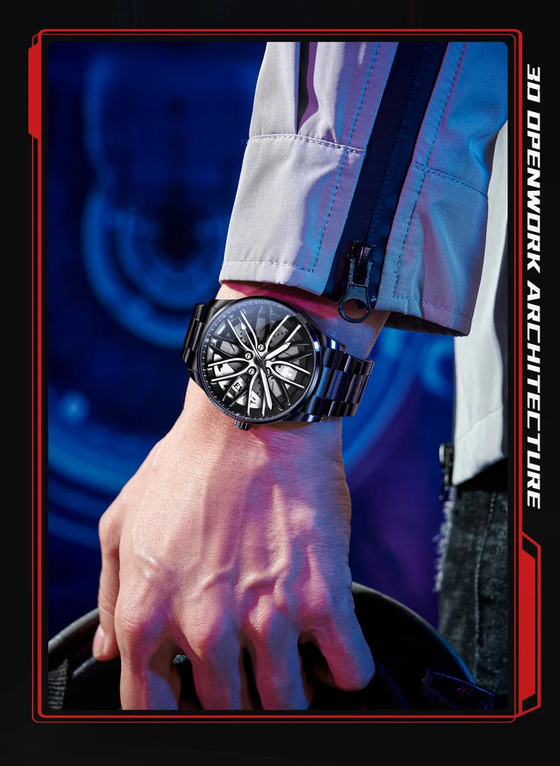 Quartz Watch for Men 360° Rotary Dial Sport Car Rim Wheel Hub Waterproof