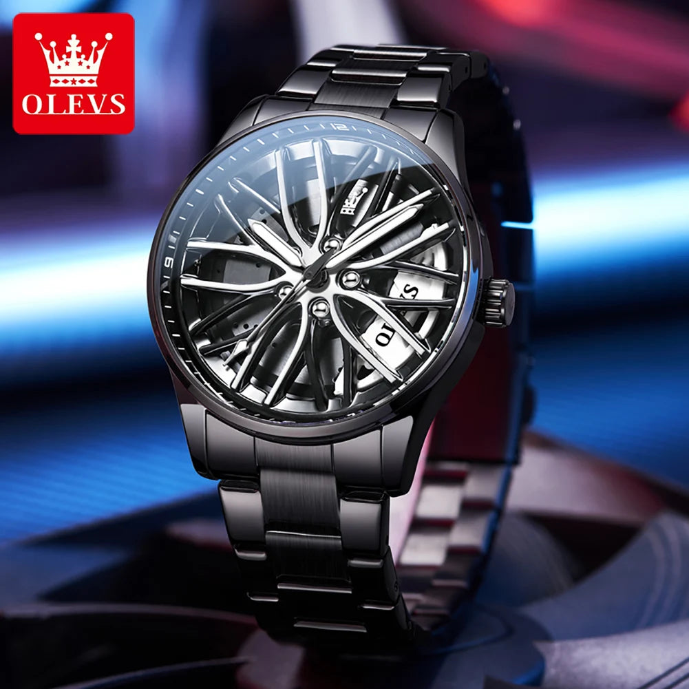 Quartz Watch for Men 360° Rotary Dial Sport Car Rim Wheel Hub Waterproof