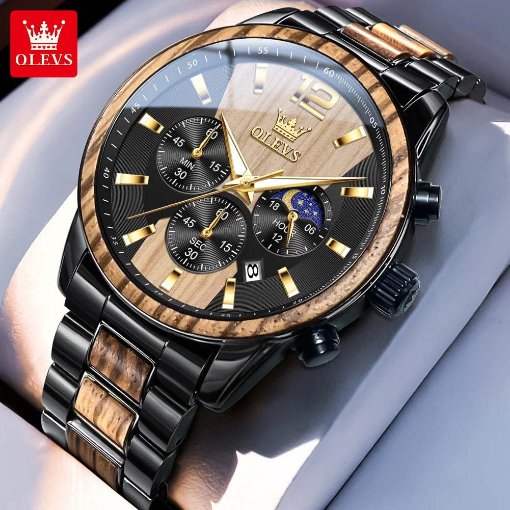 Men's Wooden Watch Luxury Night Light Chronograph