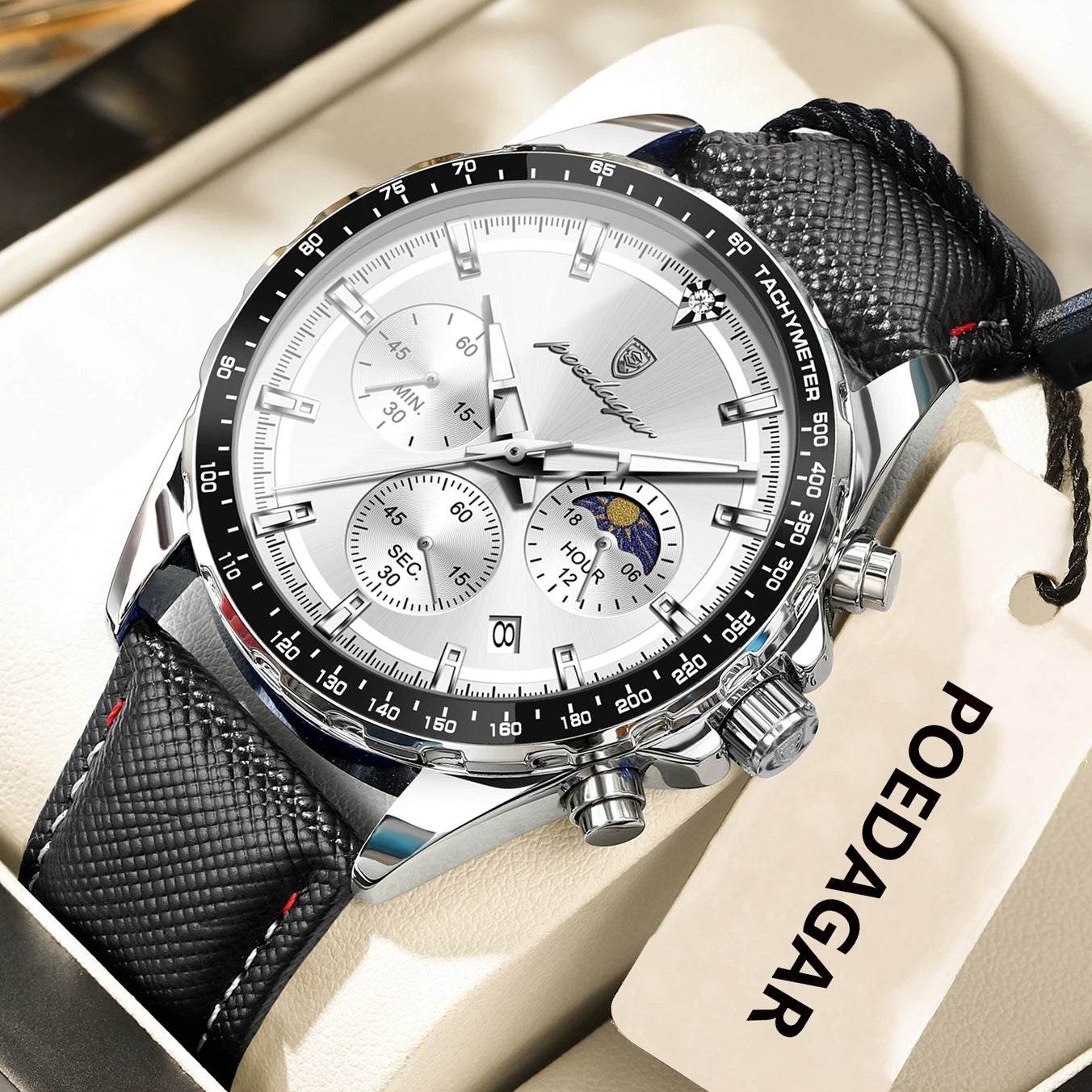 Luminous Waterproof Chronograph.Men's Leather Wristwatch