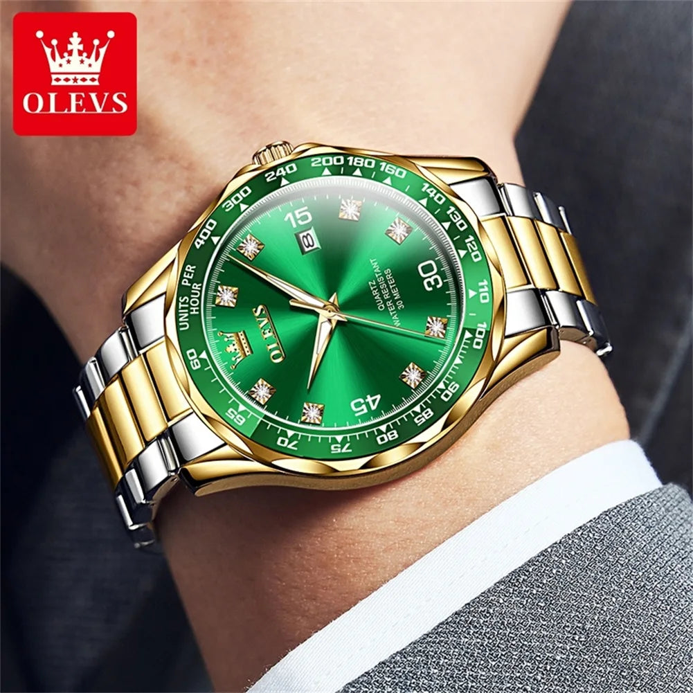 Golden Green Quartz Watch for Men.Waterproof Stainless steel  Watch