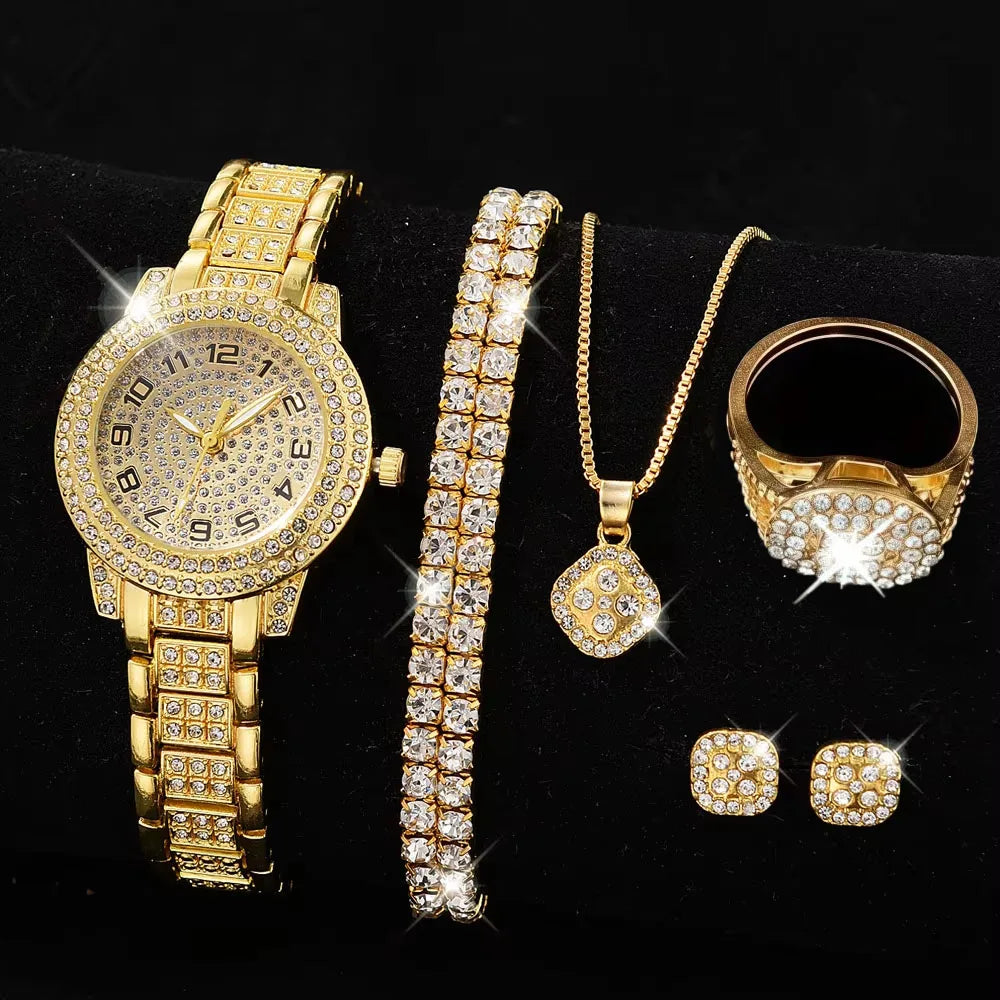 Full Diamond Roman Literal Steel Strip Women's Watch with Starry Charm Business Quartz Watch Set