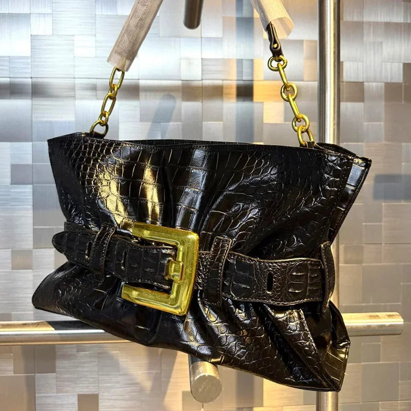 Luxury Women's Bag Soft Leather.Crocodile Pattern Pleated Tote Bag