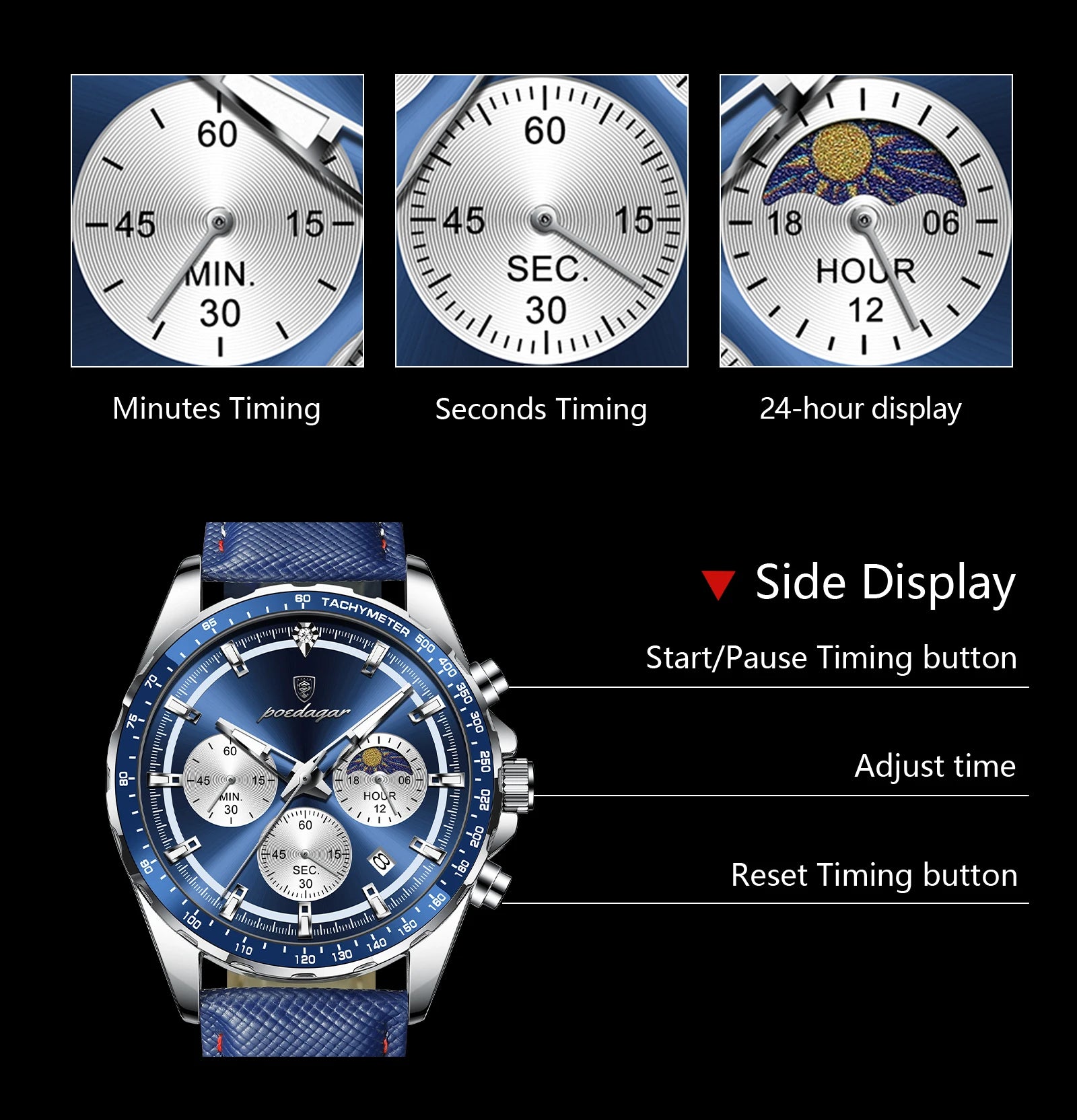 Luminous Waterproof Chronograph.Men's Leather Wristwatch