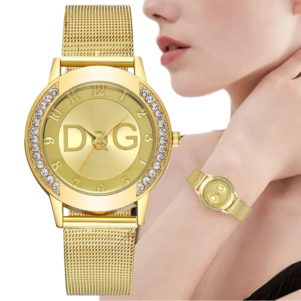 Women's watches With Diamonds. Simple Digital Design with Gold Mesh Strap