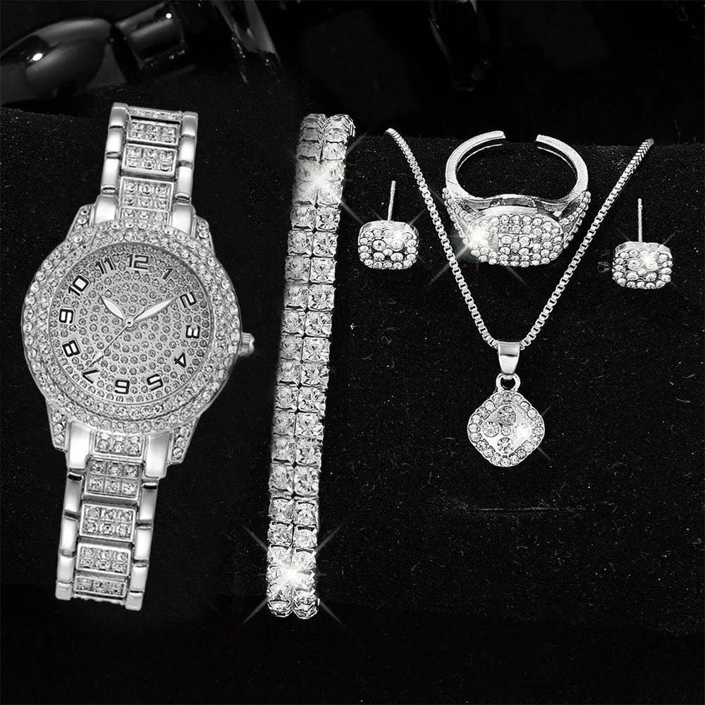 Full Diamond Roman Literal Steel Strip Women's Watch with Starry Charm Business Quartz Watch Set