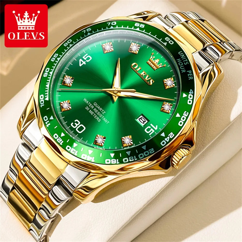 Golden Green Quartz Watch for Men.Waterproof Stainless steel  Watch