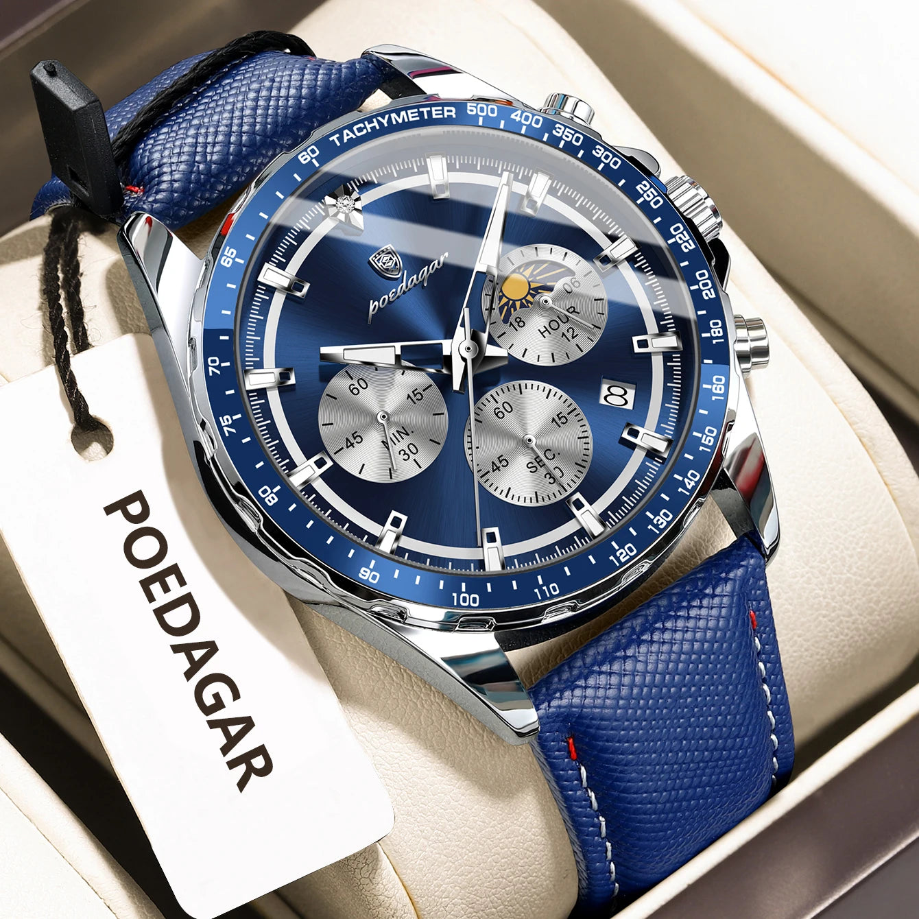 Luminous Waterproof Chronograph.Men's Leather Wristwatch