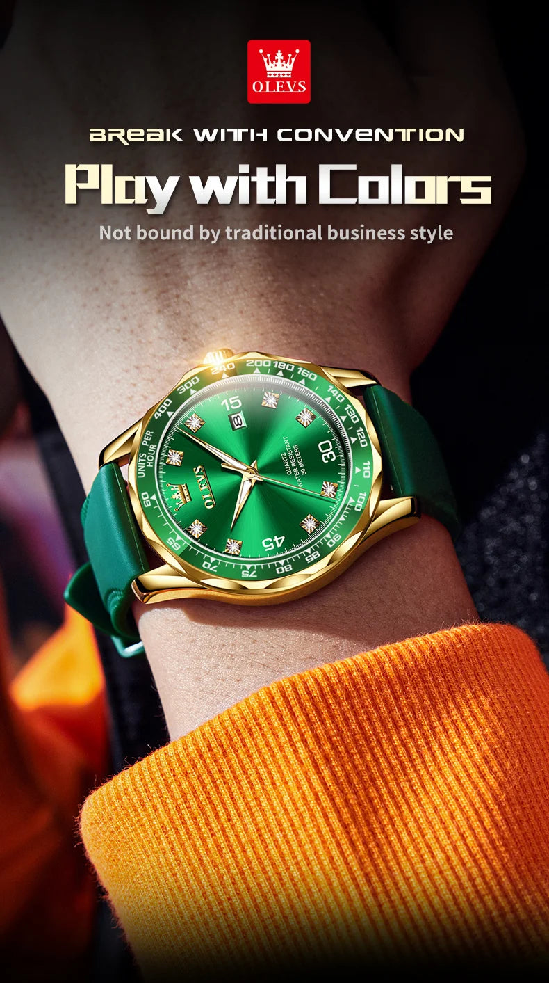 Golden Green Quartz Watch for Men.Waterproof Stainless steel  Watch