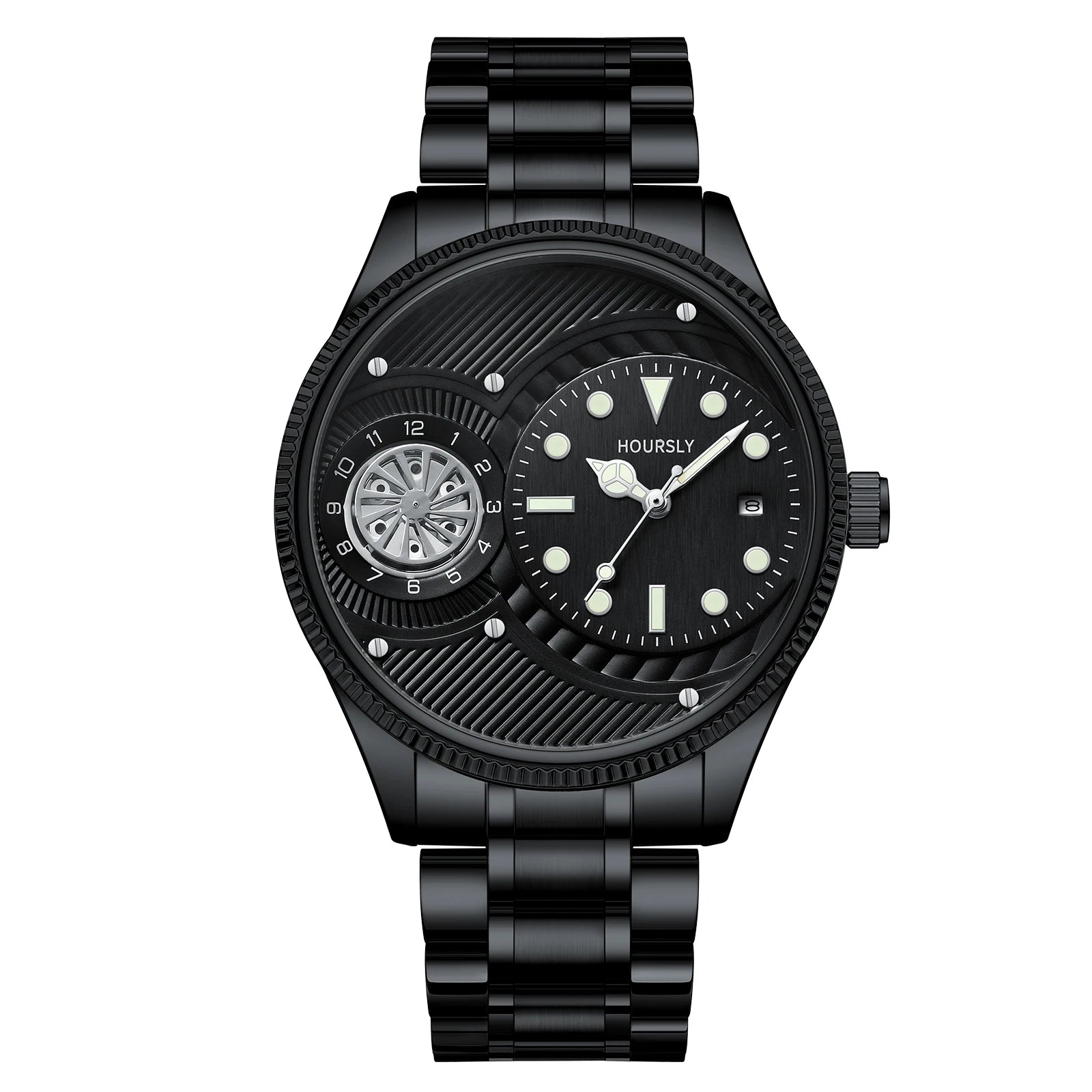 Fashionable  men's watch. Simple circular dial with rotating turntable luminous calendar stainless steel