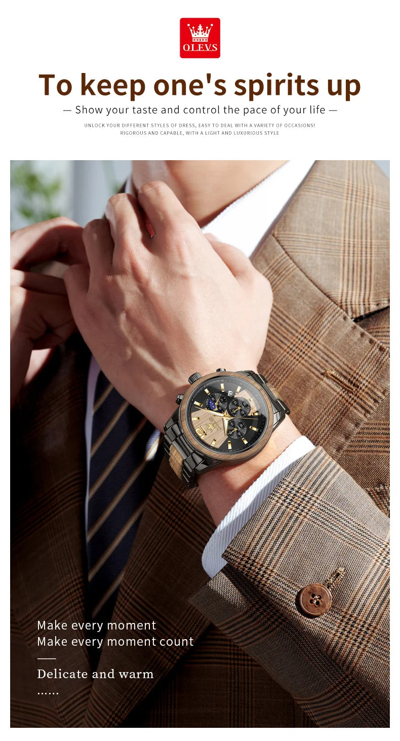 Men's Wooden Watch Luxury Night Light Chronograph
