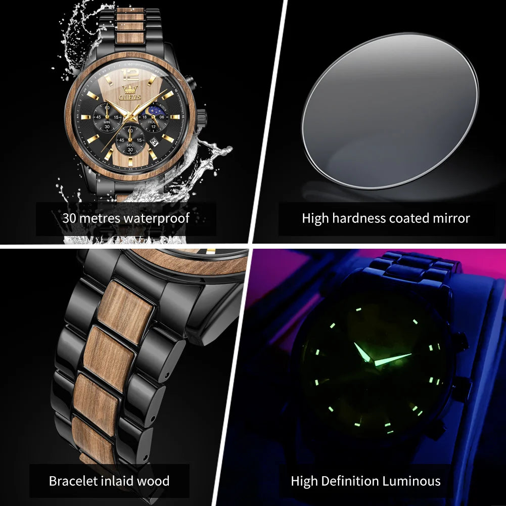 Men's Wooden Watch Luxury Night Light Chronograph