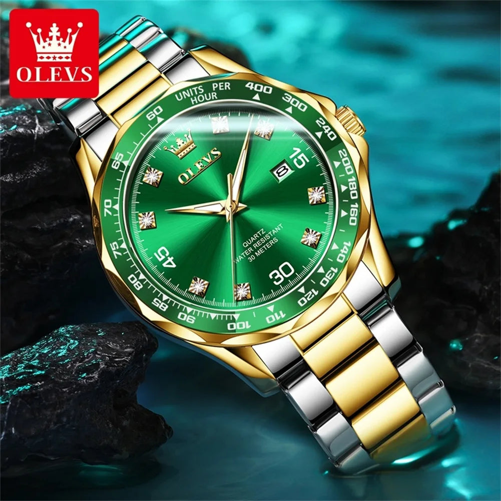 Golden Green Quartz Watch for Men.Waterproof Stainless steel  Watch