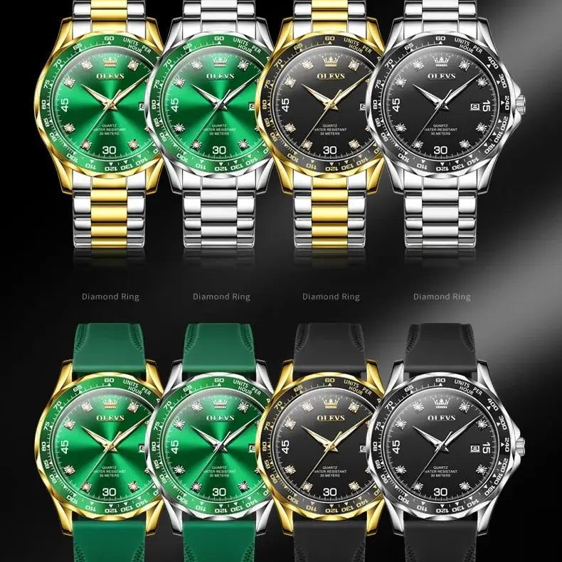 Golden Green Quartz Watch for Men.Waterproof Stainless steel  Watch