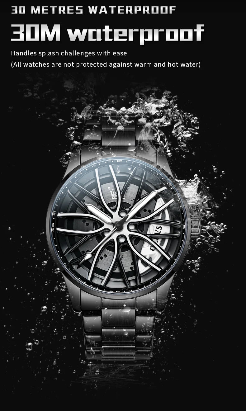 Quartz Watch for Men 360° Rotary Dial Sport Car Rim Wheel Hub Waterproof