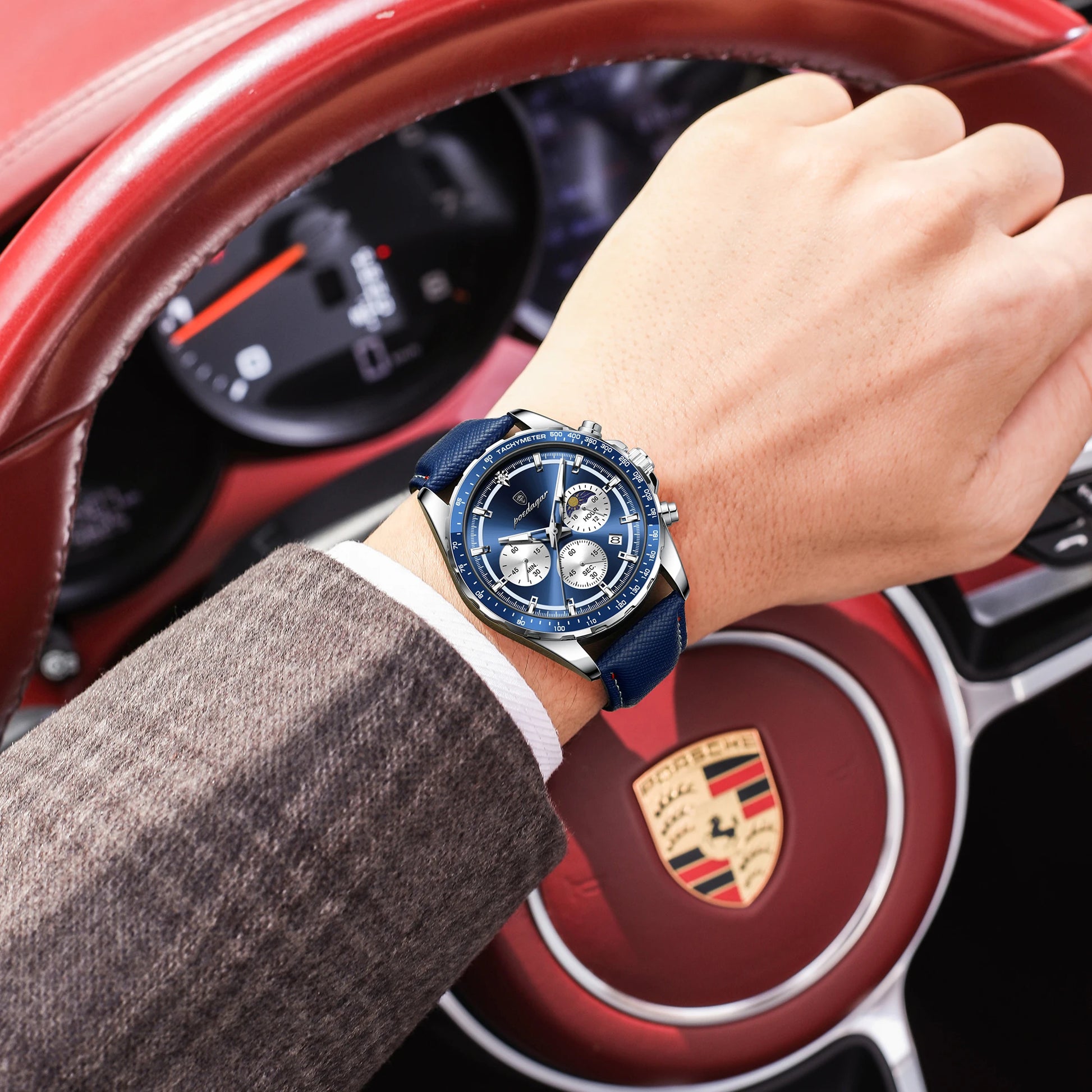 Luminous Waterproof Chronograph.Men's Leather Wristwatch