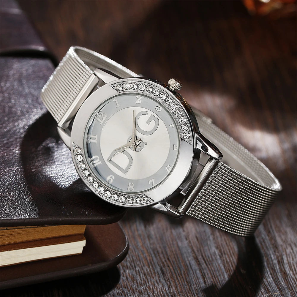 Women's watches With Diamonds. Simple Digital Design with Gold Mesh Strap