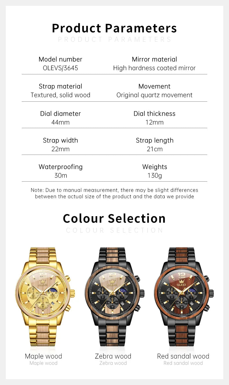 Men's Wooden Watch Luxury Night Light Chronograph
