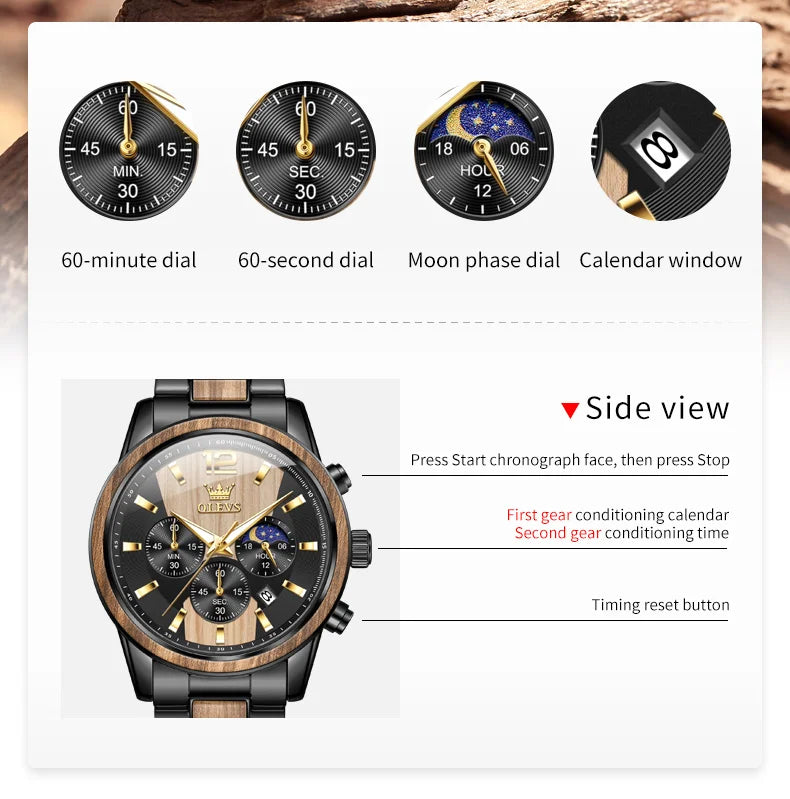 Men's Wooden Watch Luxury Night Light Chronograph