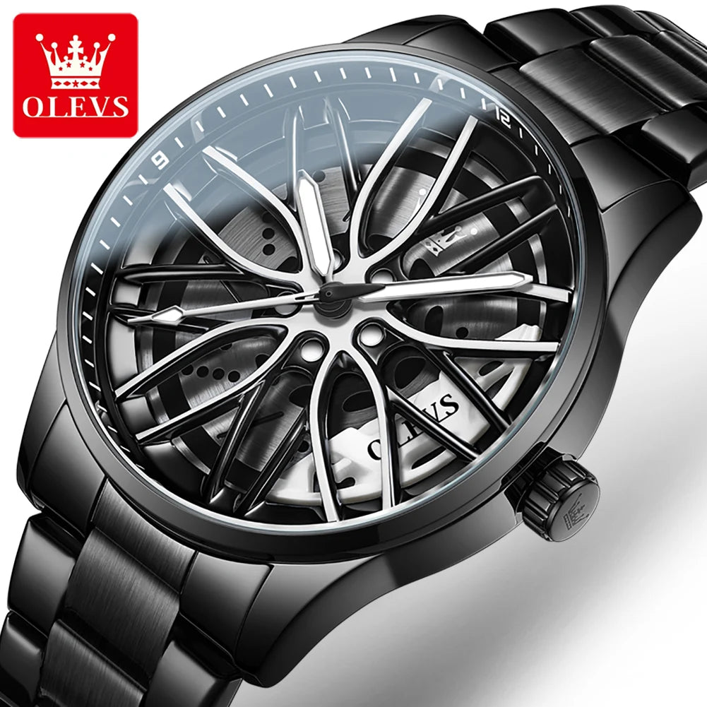 Quartz Watch for Men 360° Rotary Dial Sport Car Rim Wheel Hub Waterproof