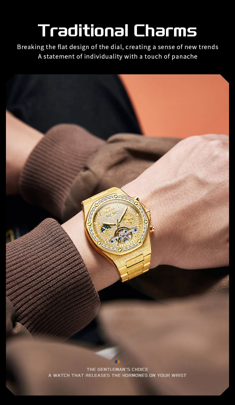 Gold Steel Men's Watch Top Brand Automatic Mechanical Luxury Waterproof