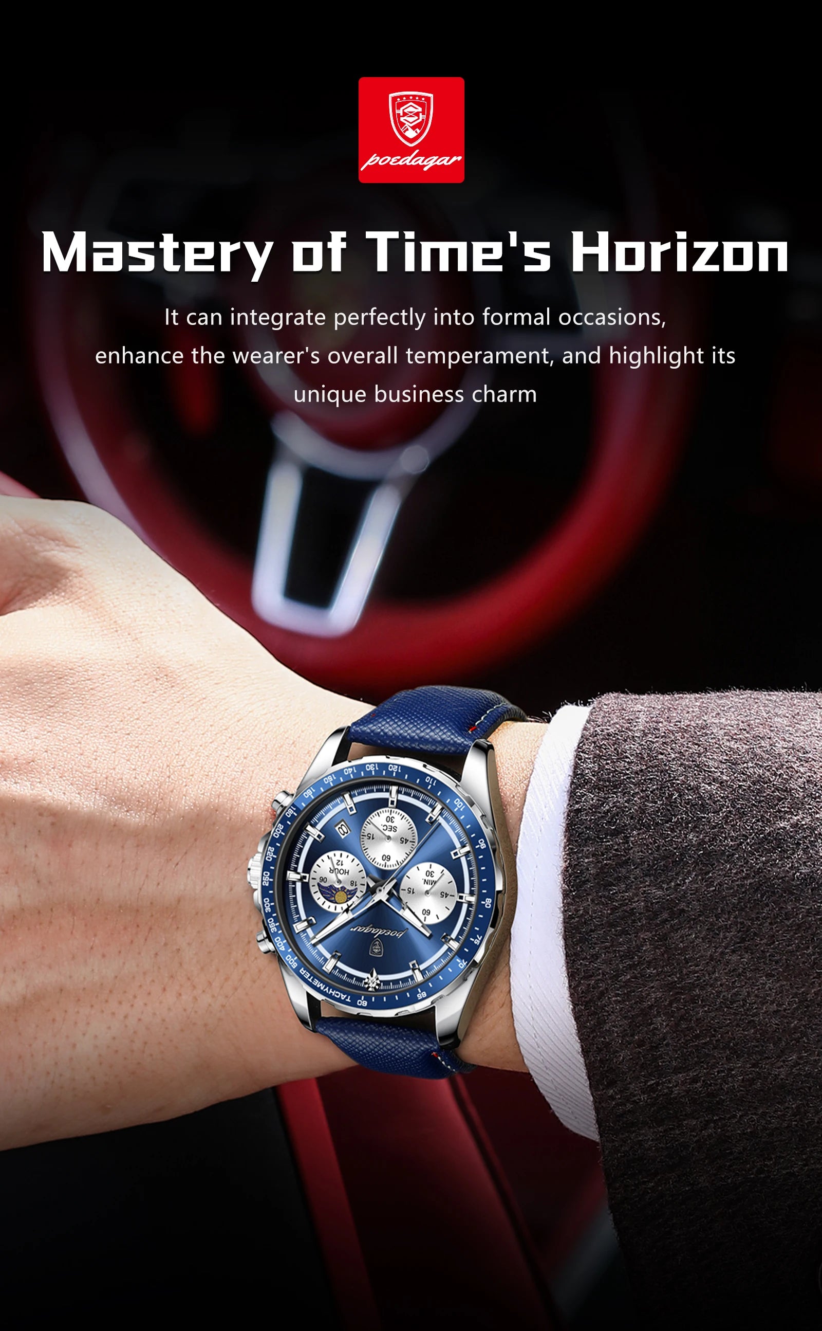 Luminous Waterproof Chronograph.Men's Leather Wristwatch