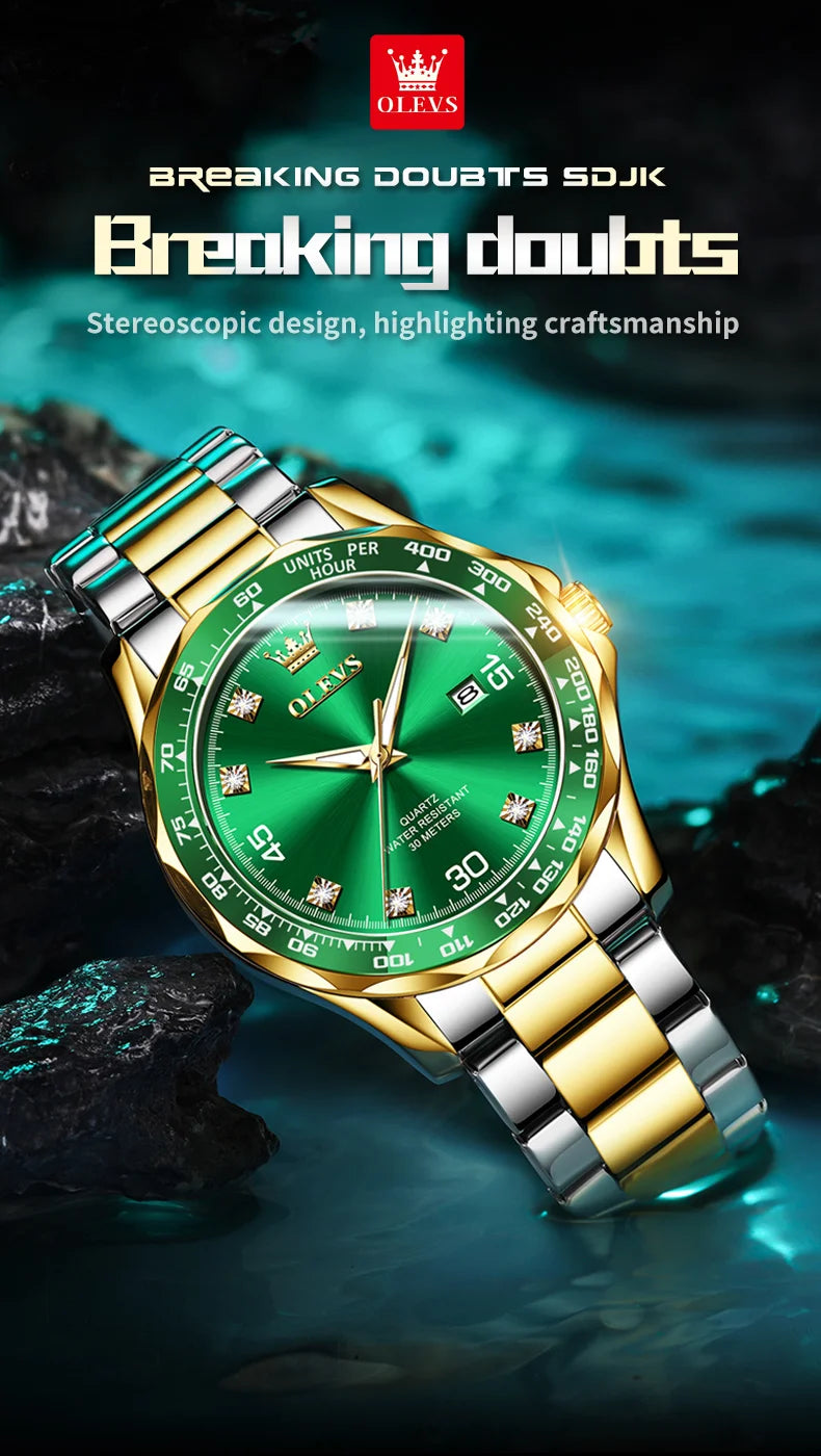 Golden Green Quartz Watch for Men.Waterproof Stainless steel  Watch