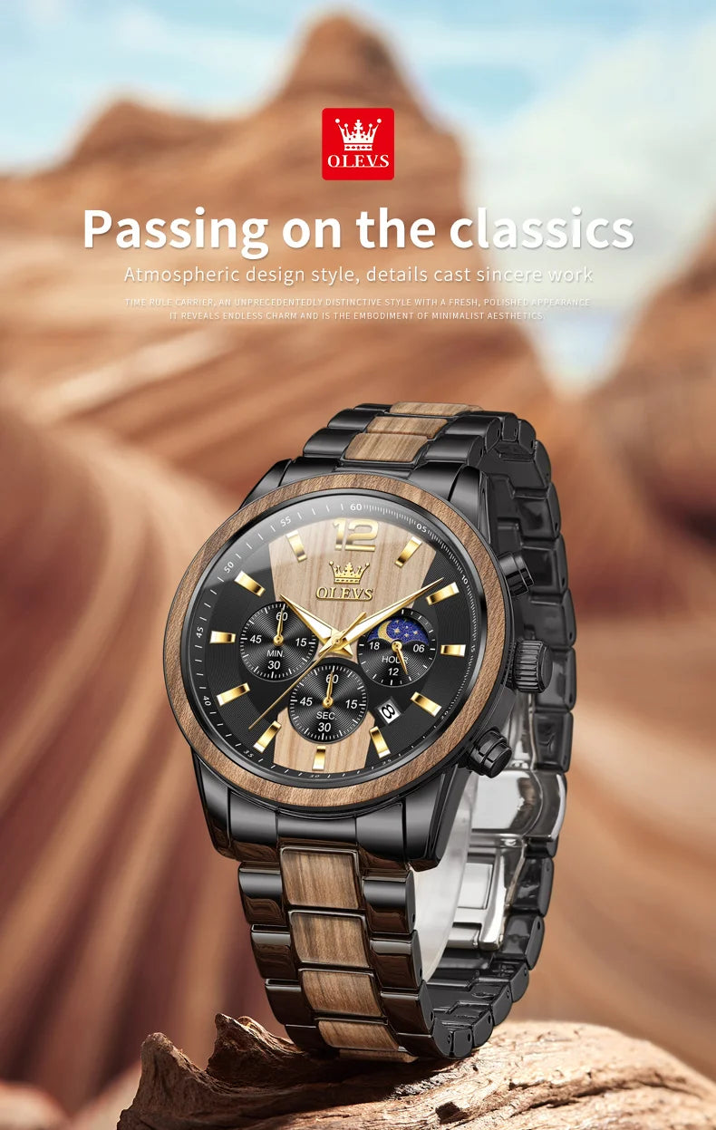 Men's Wooden Watch Luxury Night Light Chronograph