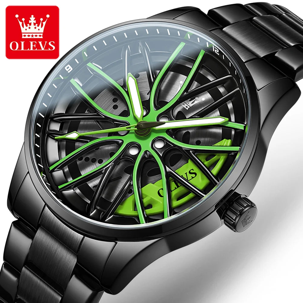Quartz Watch for Men 360° Rotary Dial Sport Car Rim Wheel Hub Waterproof