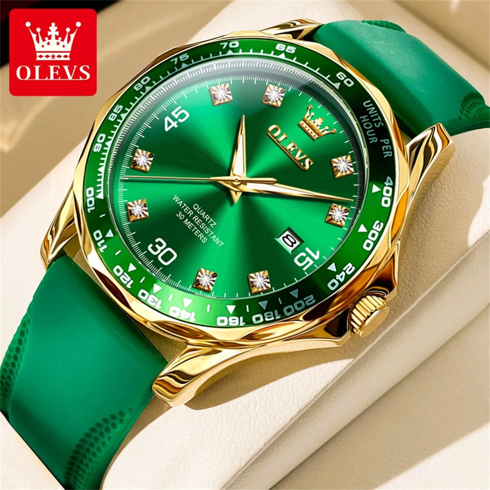 Golden Green Quartz Watch for Men.Waterproof Stainless steel  Watch