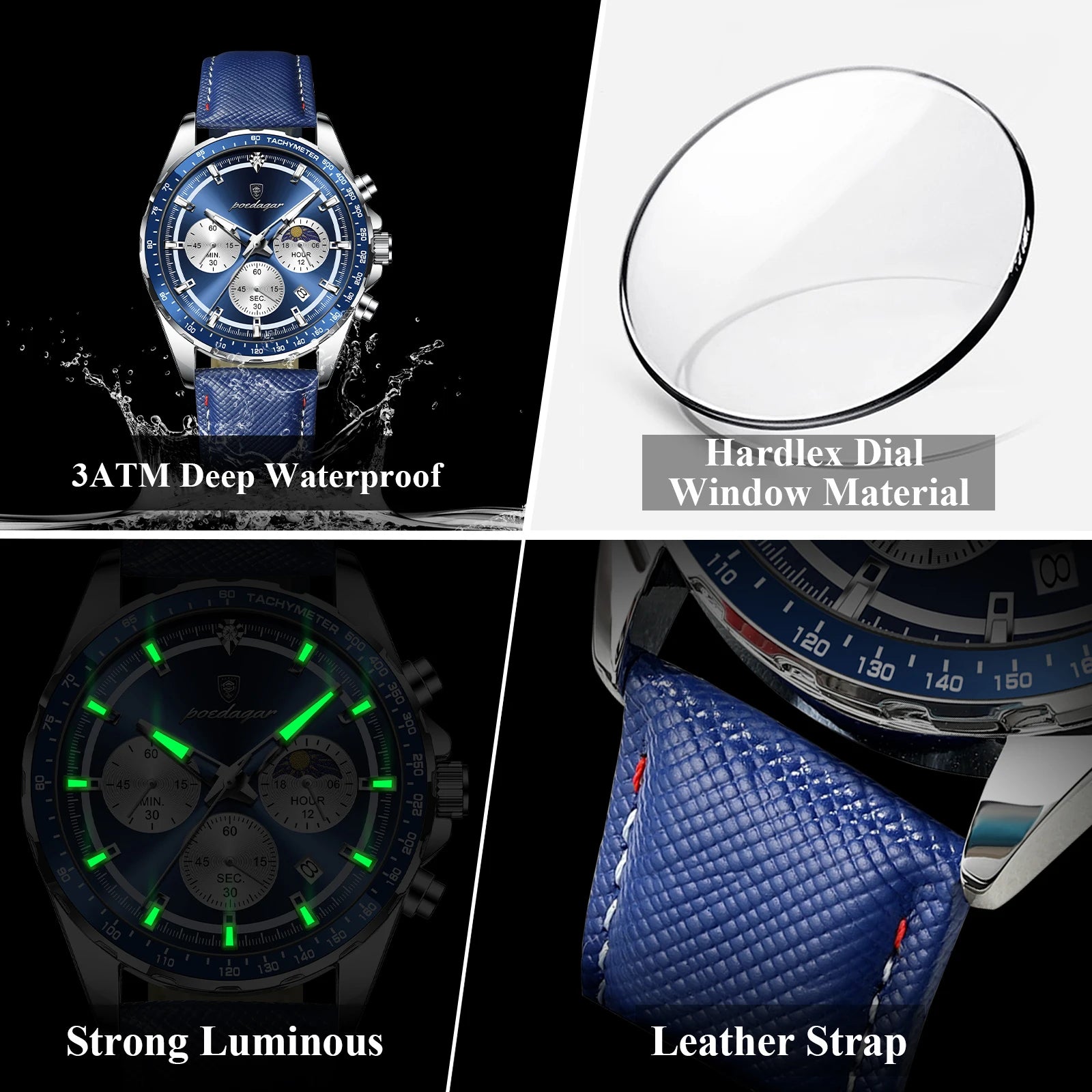 Luminous Waterproof Chronograph.Men's Leather Wristwatch