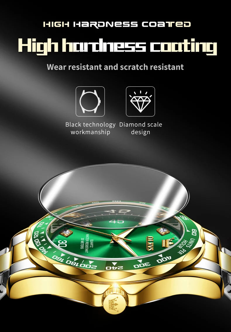 Golden Green Quartz Watch for Men.Waterproof Stainless steel  Watch