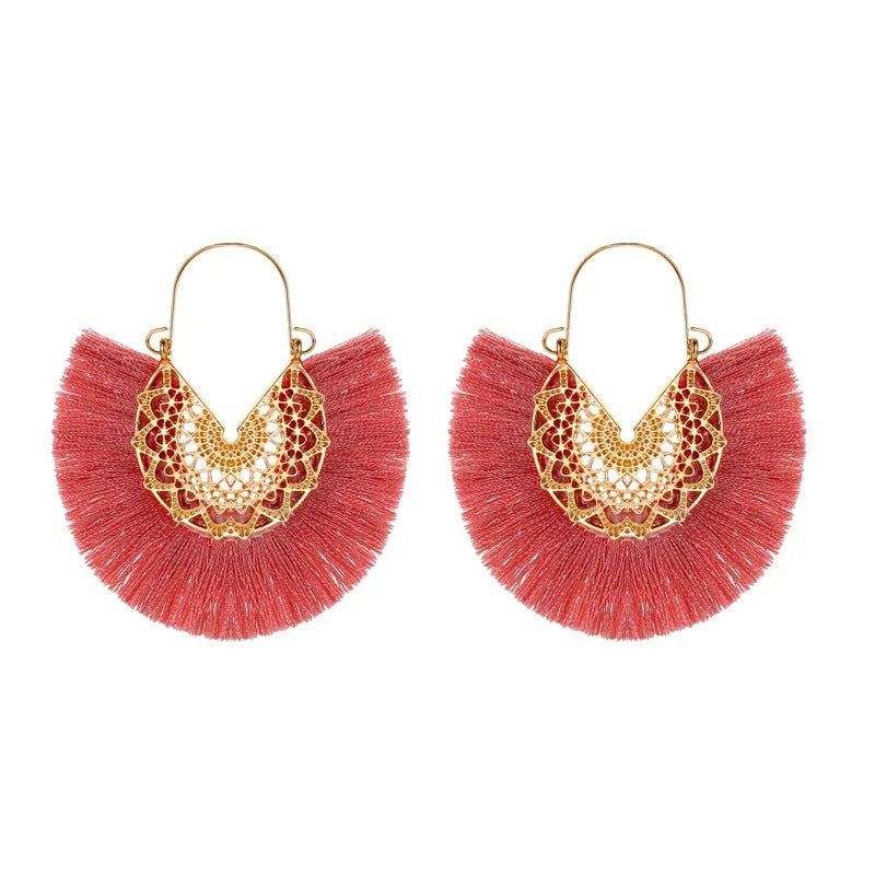 Boho Fan-Shaped Lace Tassel Earrings