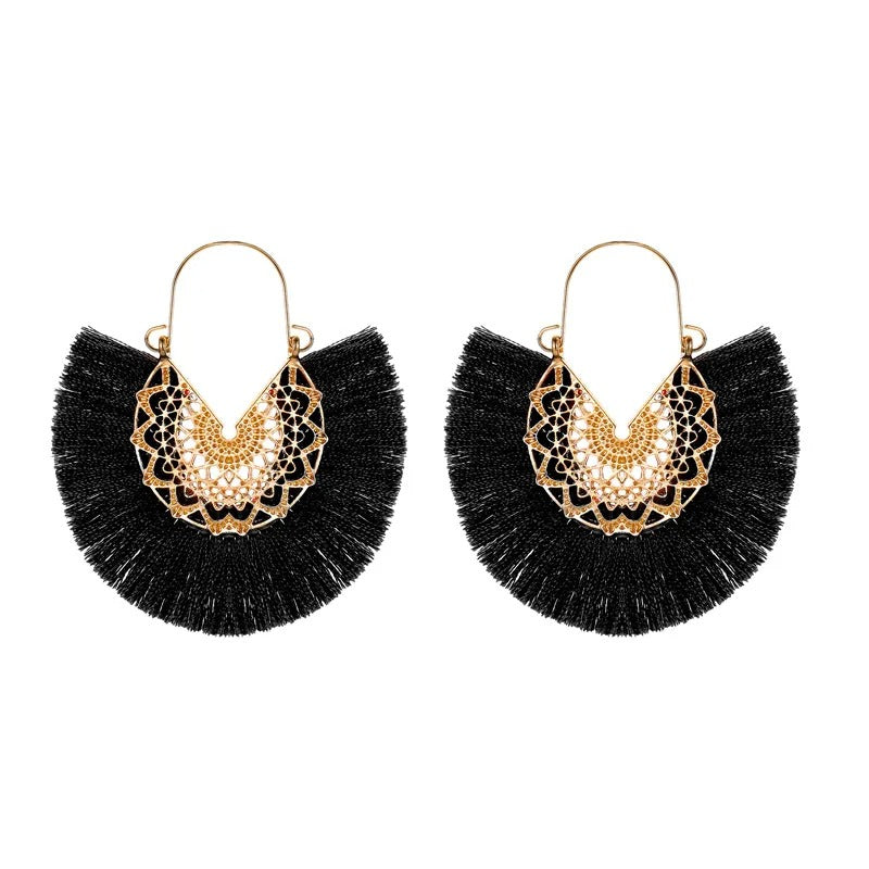 Boho Fan-Shaped Lace Tassel Earrings